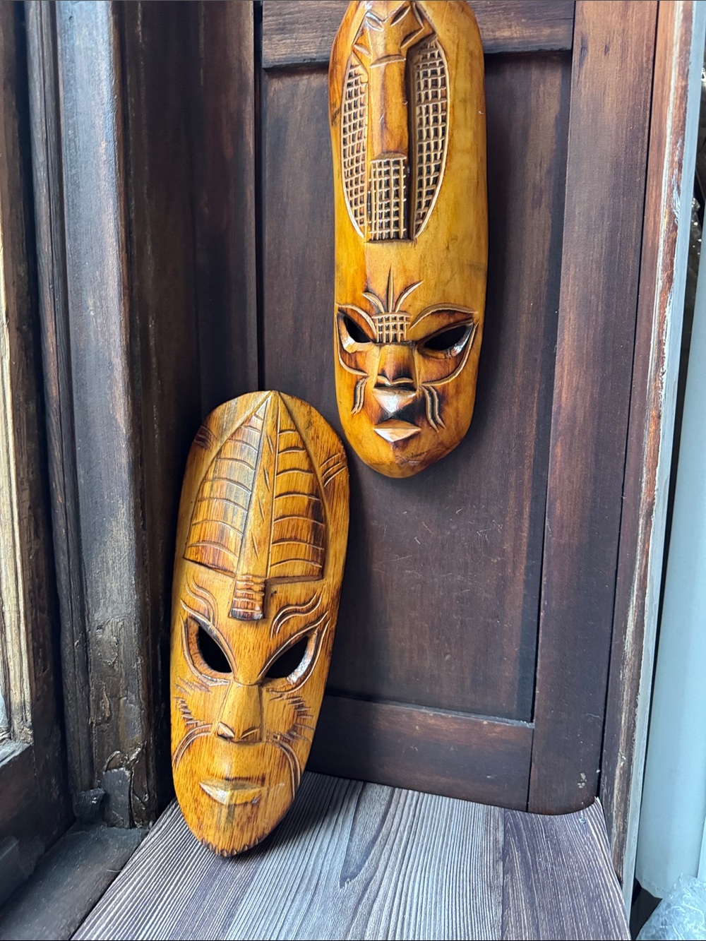 African Hand-Carved Wooden Tribal Wall Mask - Honey Brown